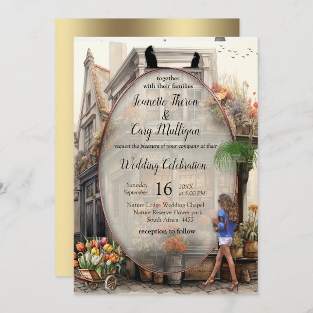 Old Amsterdam Flower shop Anton Pieck style Art Invitation (Front/Back)