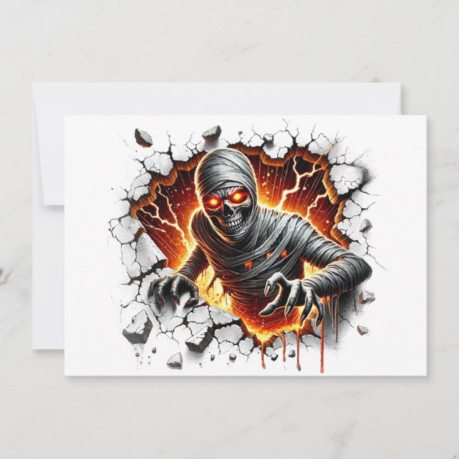 Old and Creepy Mummy Skeleton Breaks Through Invitation (Front)