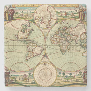 Old Antique General World Map Lithograph Stone Coaster