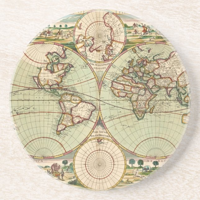 Old Antique General World Map Sandstone Coaster (Front)