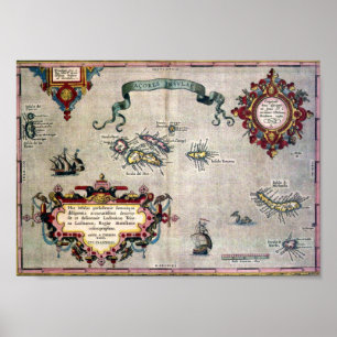 Old Antique Map of the Azores from 1584 - Replica Poster