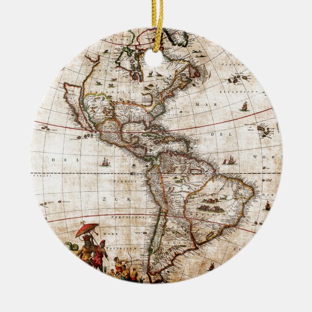 Old Antique North & South America Map Ceramic Tree Decoration (Front)
