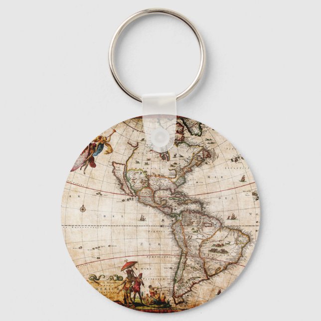 Old Antique North & South America Map Key Ring (Front)