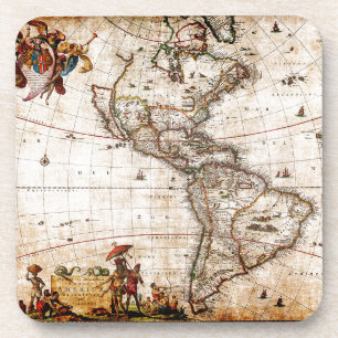 Old Antique North & South America Map Lithograph Coaster