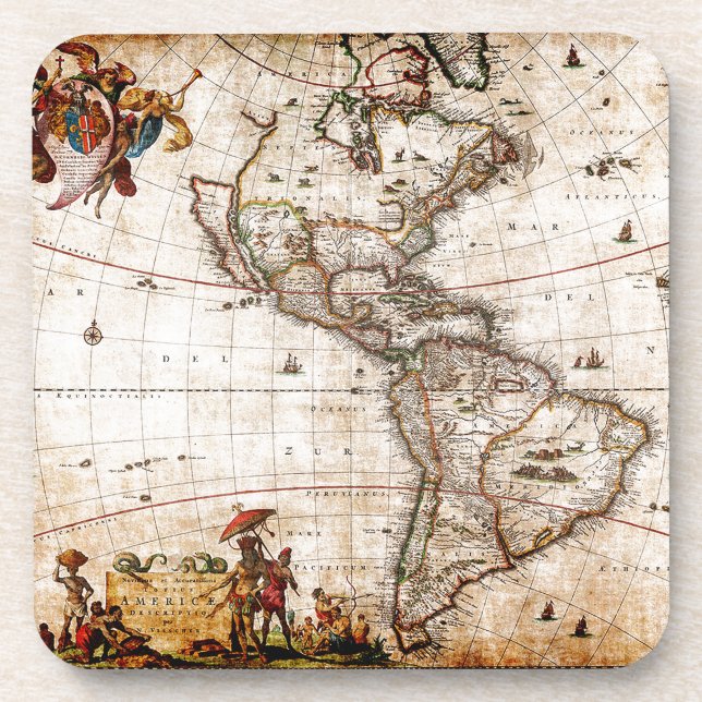 Old Antique North & South America Map Lithograph Coaster (Front)