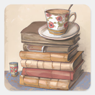 Old Antique Vintage Books and a Cup of Coffee Square Sticker