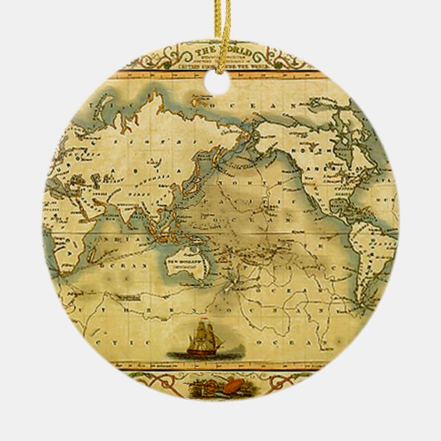 Old Antique World Map Ceramic Tree Decoration (Front)
