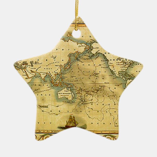 Old Antique World Map Ceramic Tree Decoration (Front)