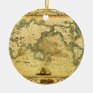 Old Antique World Map Ceramic Tree Decoration