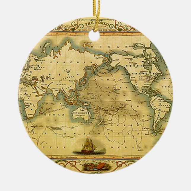 Old Antique World Map Ceramic Tree Decoration (Front)