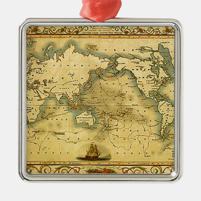Old Antique World Map Metal Tree Decoration (Front)