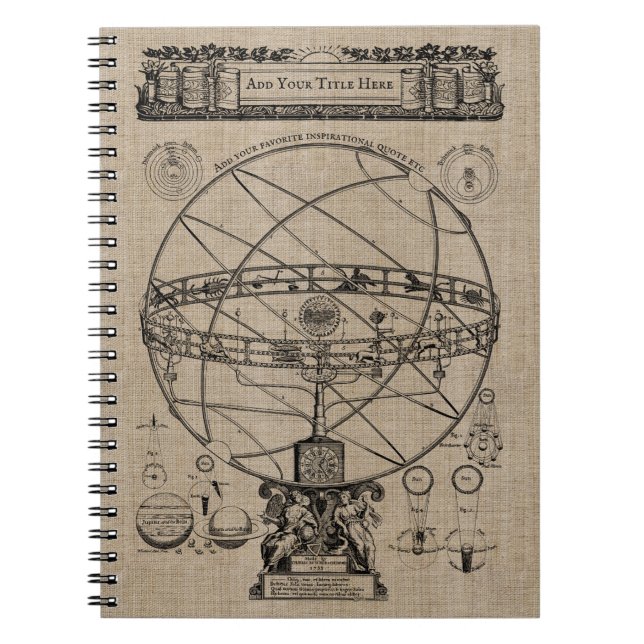 Old Armillary Sphere Spherical Astrolabe Burlap Notebook (Front)
