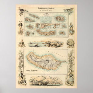 Old Azores Islands Map (1872) Vintage Portuguese  Poster