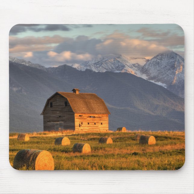 Old barn framed by hay bales and dramatic mouse mat (Front)