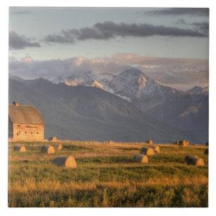 Old barn framed by hay bales and dramatic tile