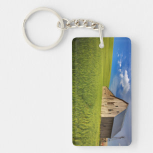 Old Barn in Field of Spring Wheat Key Ring
