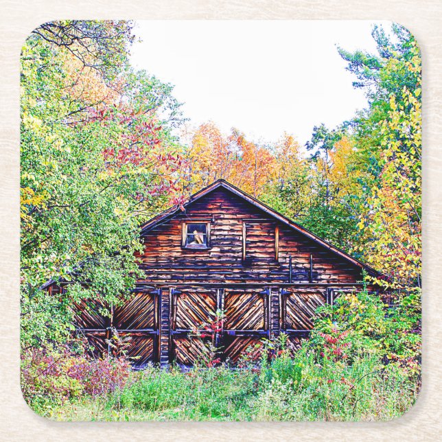 Old Barn in the Fall Square Paper Coaster (Front)