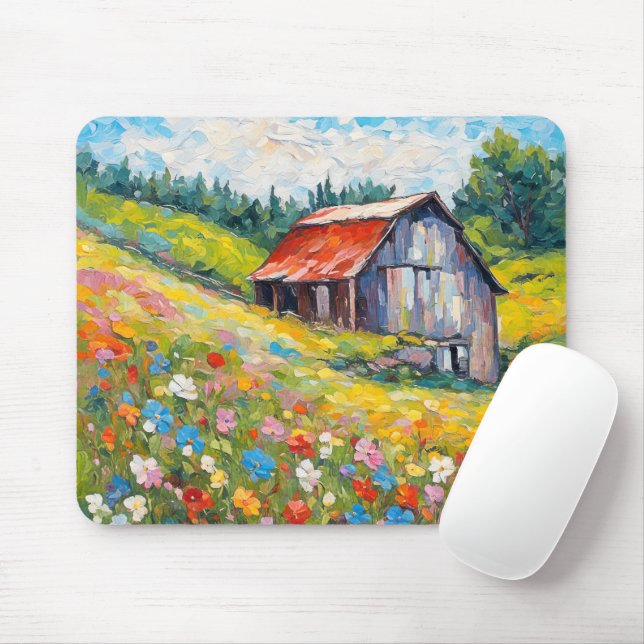 Old Barn In Wildflower Field Mouse Mat (With Mouse)