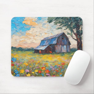 Old Barn In Wildflower Field Mouse Mat