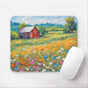 Old Barn In Wildflower Field Mouse Mat