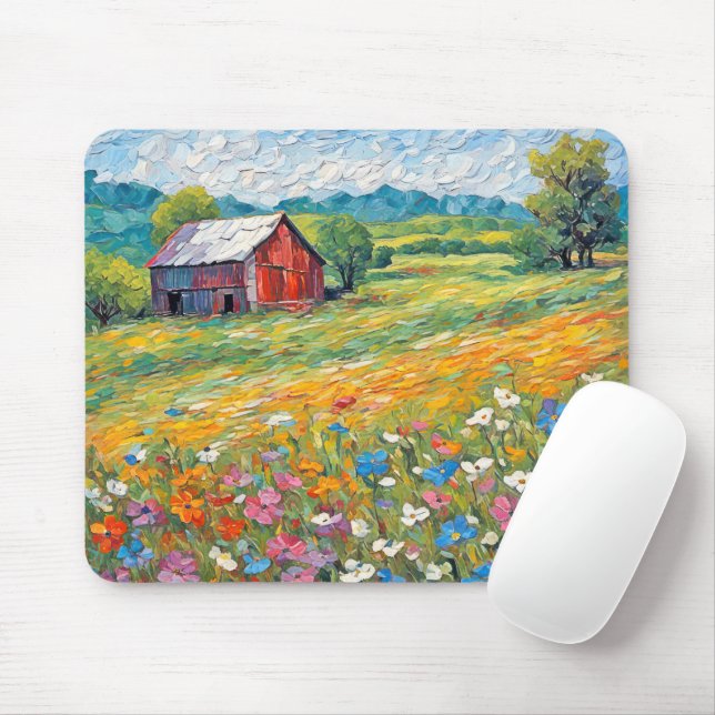 Old Barn In Wildflower Field Mouse Mat (With Mouse)