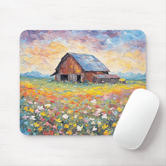 Old Barn In Wildflower Field Mouse Mat (With Mouse)