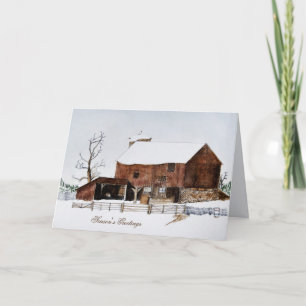 old barn watercolor season's greetings holiday card