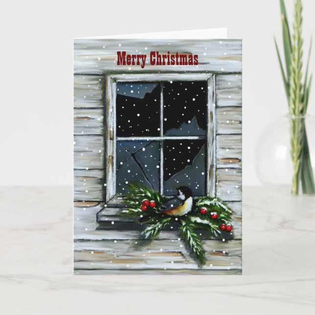 Old Barn Window: Snow: Christmas, Bird Holiday Card (Front)