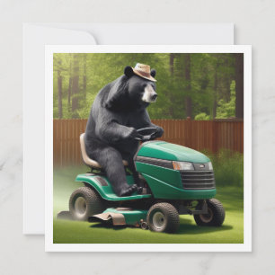 Old bear birthday invitation, bear on lawnmover invitation