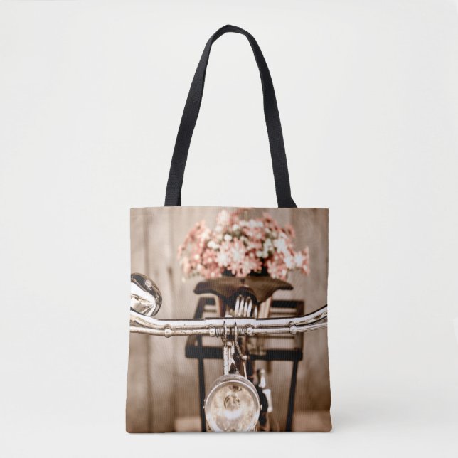 Old bicycle and flowers blur in background process tote bag (Front)