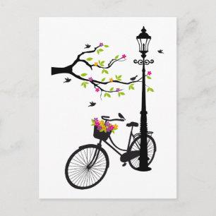 Old bicycle with lamp, flower basket, birds, tree postcard