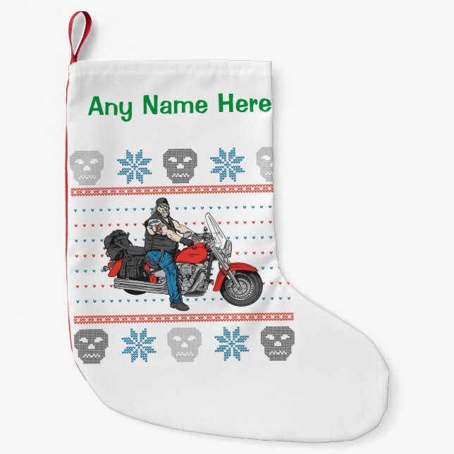 Old Biker Skulls Motorcycle Ugly Christmas Sweater Small Christmas Stocking (Front)