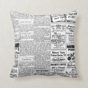 Old black & white newspaper, vintage retro advert cushion