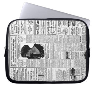 Old black & white newspaper, vintage retro advert laptop sleeve