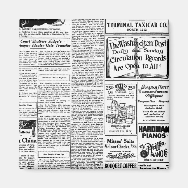 Old black & white newspaper, vintage retro advert magnet (Front)