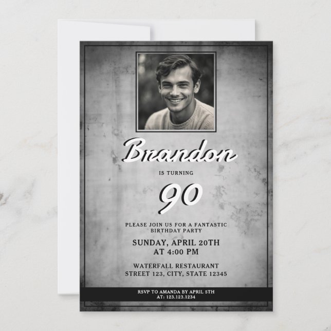 Old Black & White Vintage Photo 90th Birthday Invitation (Front)