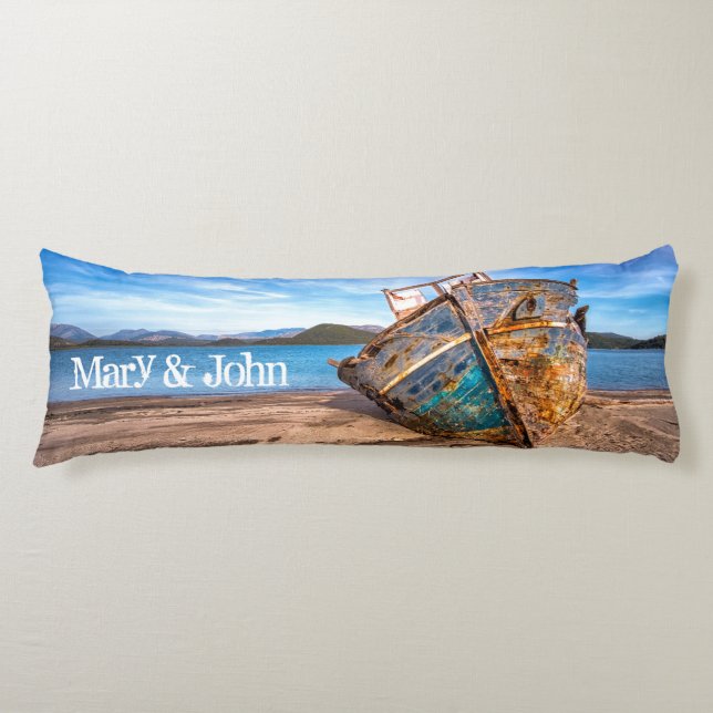 Old Blue Boat by the Seashore Body Cushion (Front)