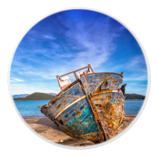 Old Blue Boat by the Seashore Ceramic Knob