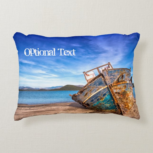 Old Blue Boat by the Seashore Decorative Cushion (Front)