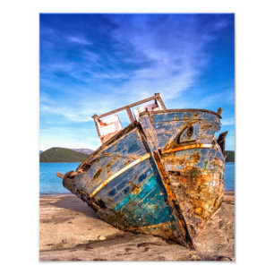 Old Blue Boat by the Seashore Photo Print