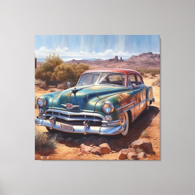 Old blue deserted car in the desert too canvas print (Front)