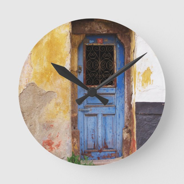 Old Blue Door Mykonos Greece Round Clock (Front)