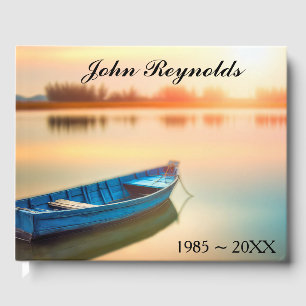 Old Blue Rowboat On Calm Lake Guest Book