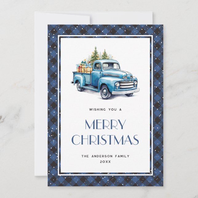 Old Blue Truck Plaid Snowy Merry Christmas Card (Front)
