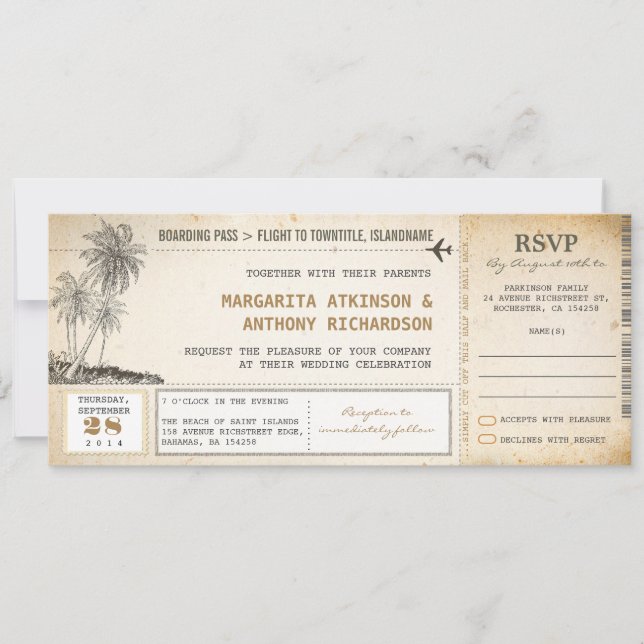 old boarding pass flight wedding invites with RSVP (Front)