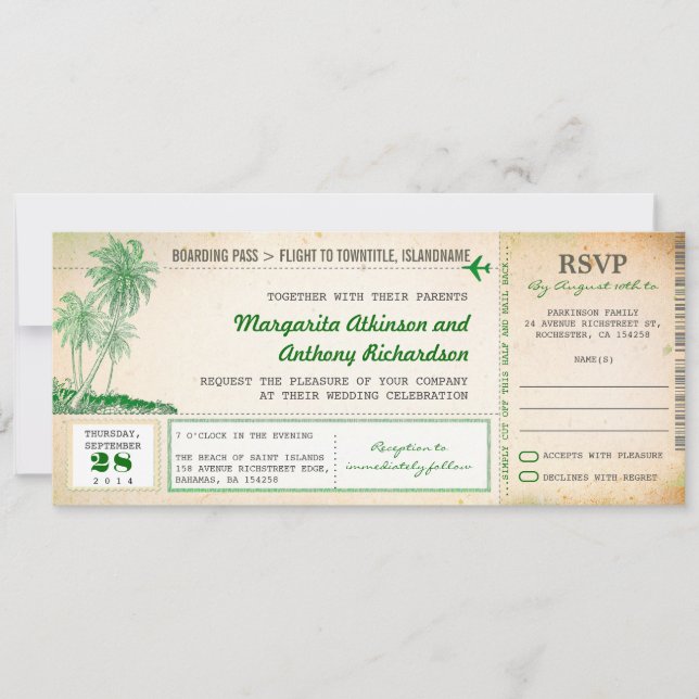 old boarding pass flight wedding invites with RSVP (Front)