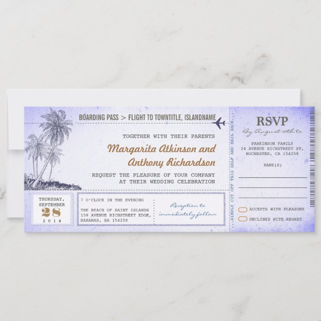 old boarding pass flight wedding invites with RSVP (Front)