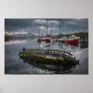 Old Boat in harbor sinking, oil painting Poster