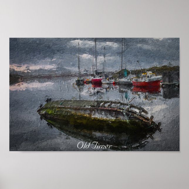 Old Boat in harbor sinking, oil painting Poster (Front)