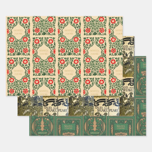 Old Book Covers (Beige & Green) Wrapping Paper Sheet (Set)